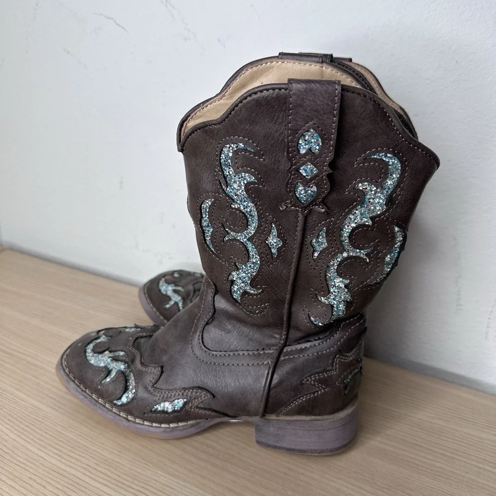 Roper Little Kids Glitter Gypsy Western Boot - Brown Blue Sparkles‎ Size 2